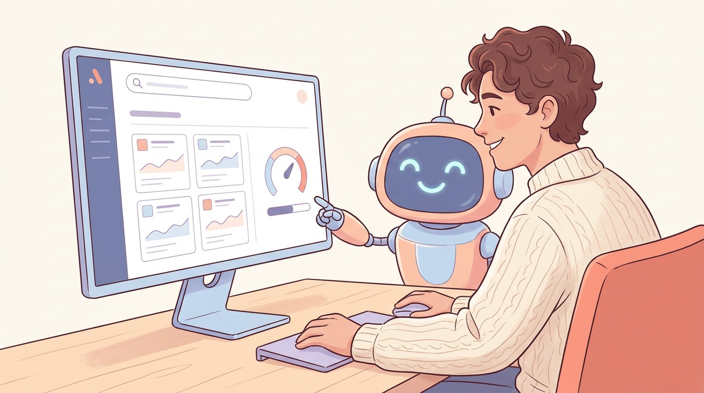 Illustration of an AI co-pilot helping a marketer on a Google Ads dashboard