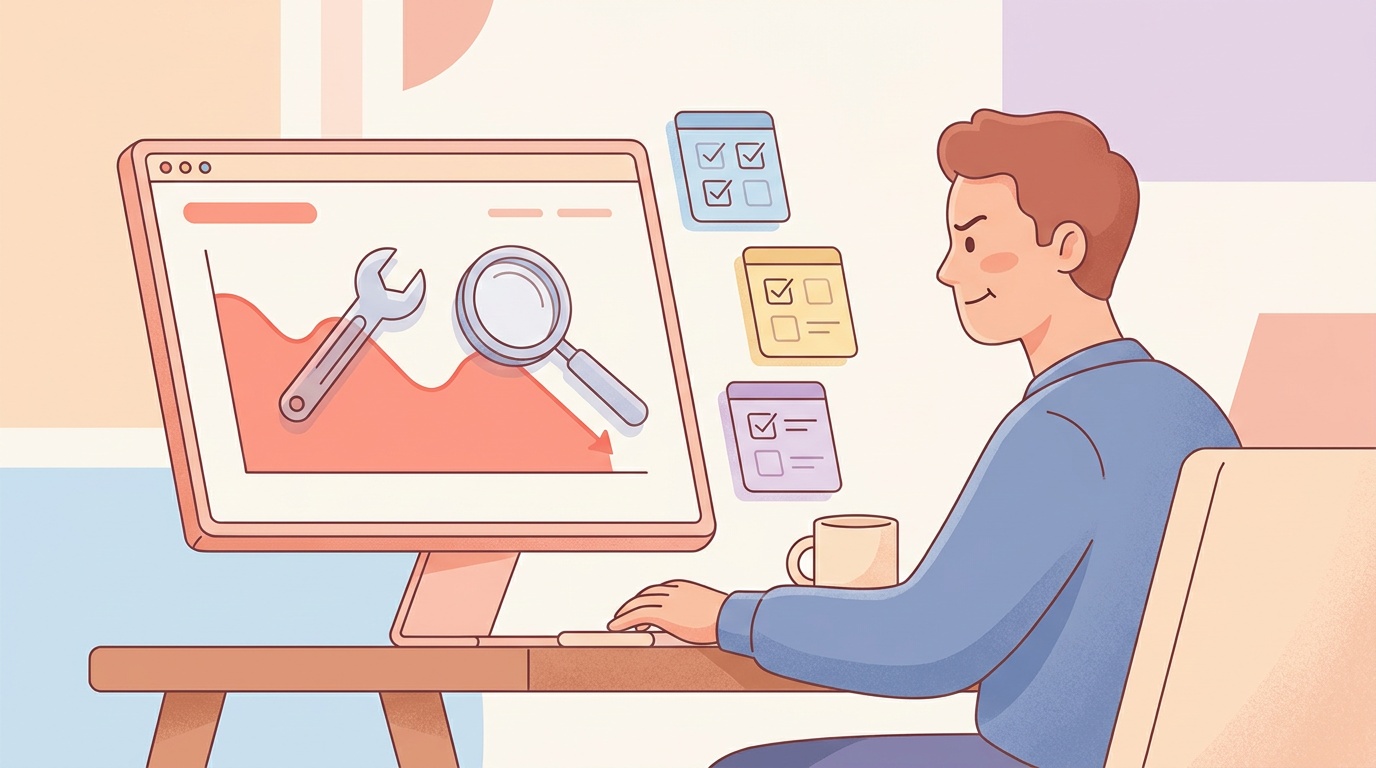 Illustration of a marketer running a diagnostic on a Google Ads dashboard